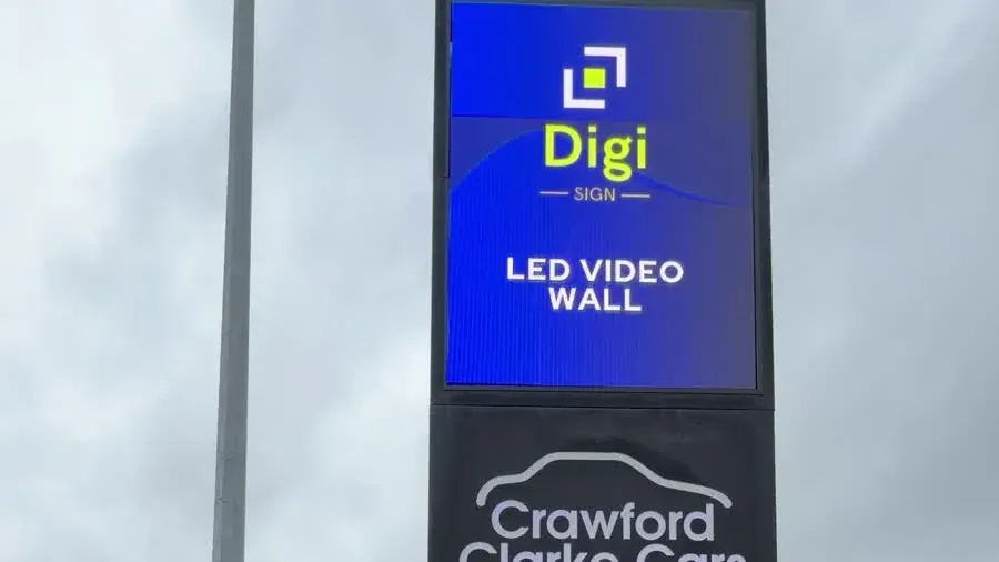 Completed Crawford Clarke roadside LED totem displaying Digi Sign video-wall content