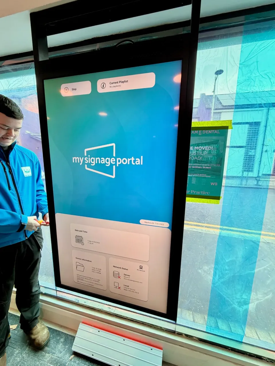 Inward-facing side of the William Street Dental double-sided screen during setup